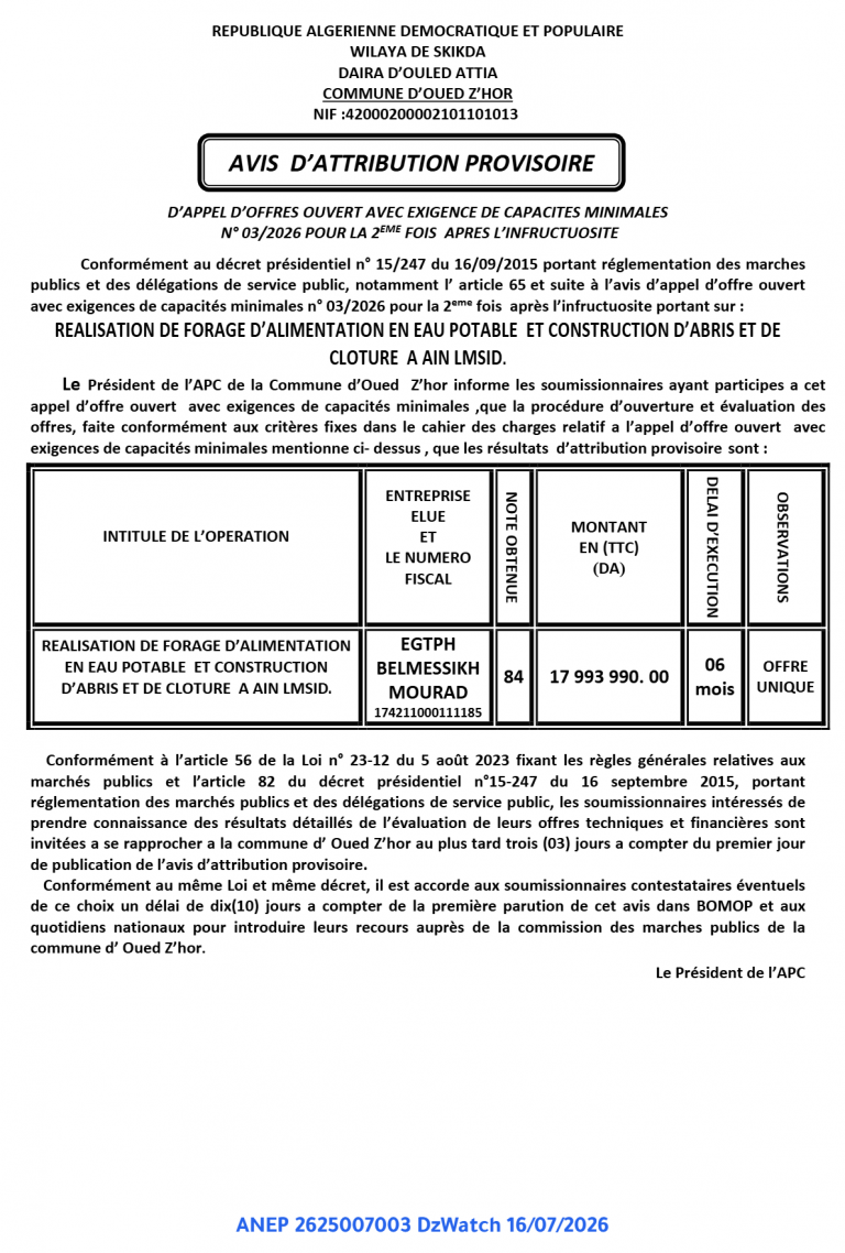 AVIS D’ATTRIBUTION PROVISOIRE