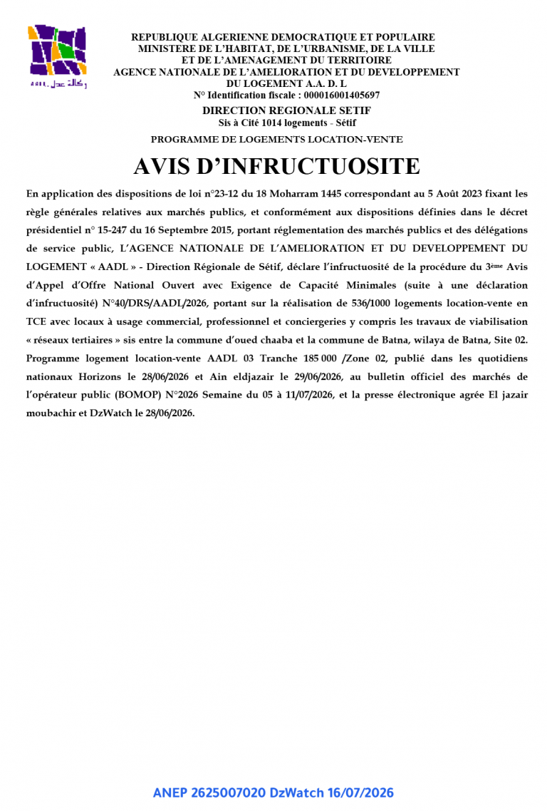 AVIS D’INFRUCTUOSITE