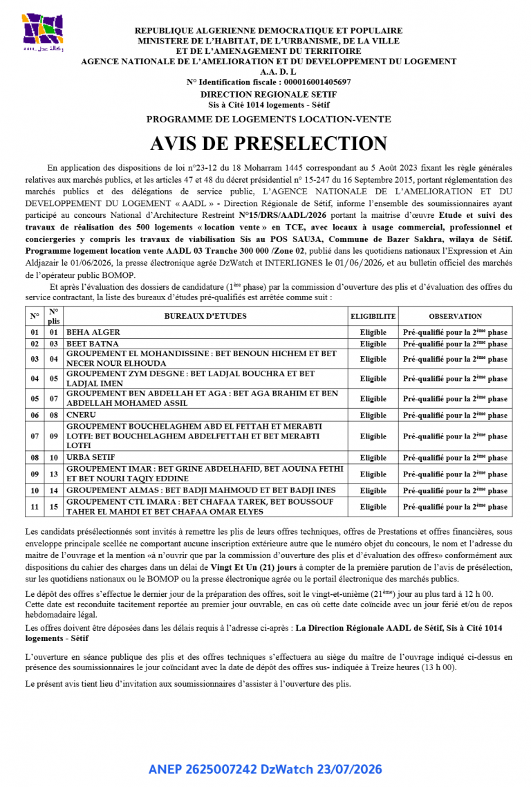 AVIS DE PRESELECTION