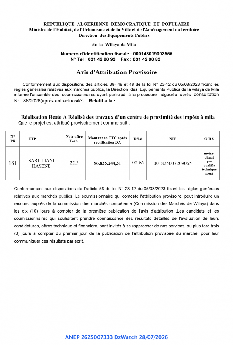 Avis d’Attribution Provisoire