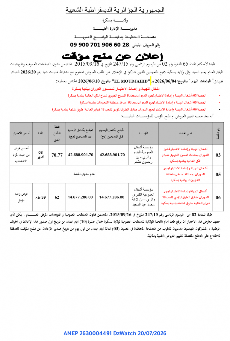 إعلان عن منح مؤقت