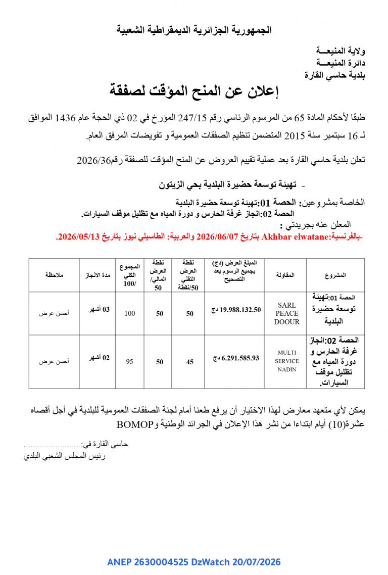 إعلان عن المنح المؤقت لصفقة
