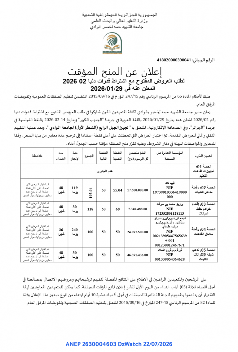 إعلان عن المنح المؤقت