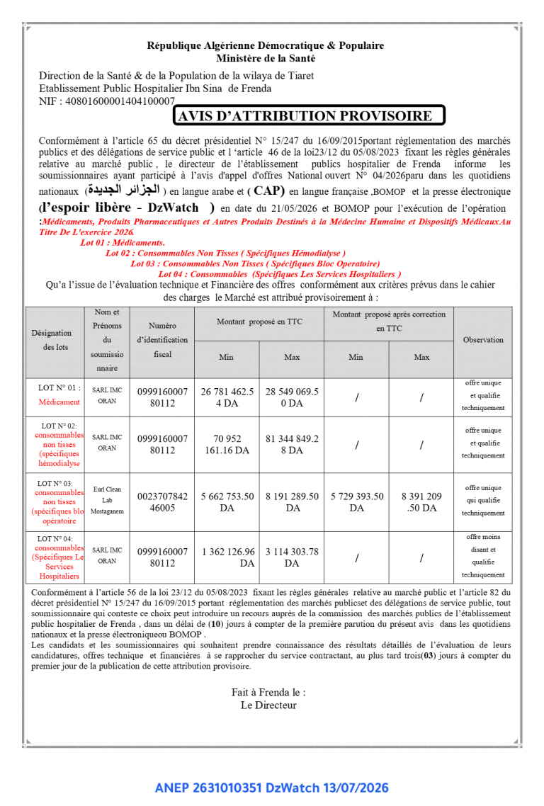 AVIS D’ATTRIBUTION PROVISOIRE