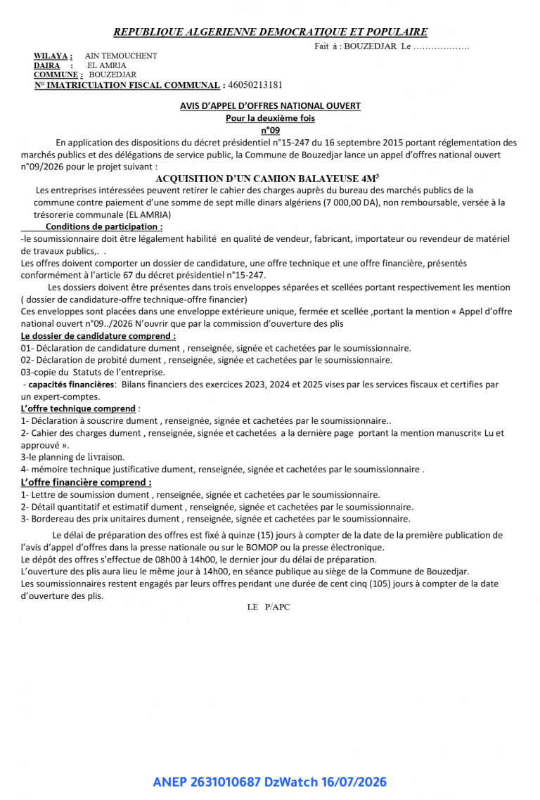 AVIS D’APPEL D’OFFRES NATIONAL OUVERT