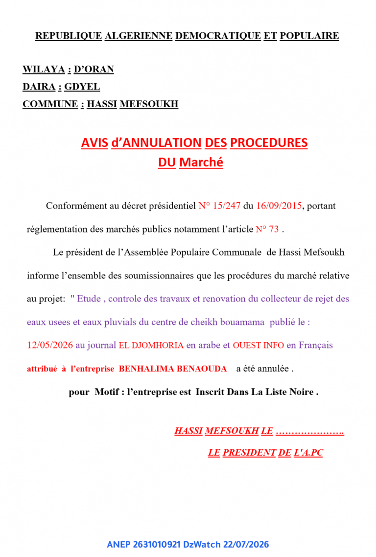 AVIS d’ANNULATION DES PROCEDURES DU Marché