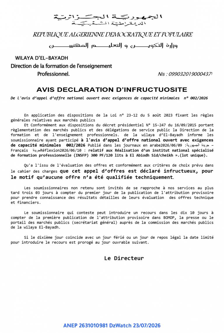 AVIS DECLARATION D’INFRUCTUOSITE
