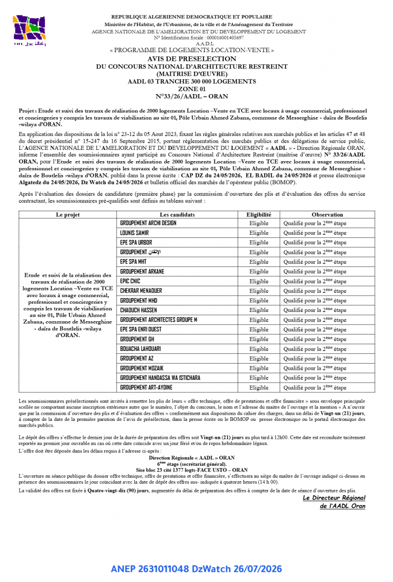 AVIS DE PRESELECTION