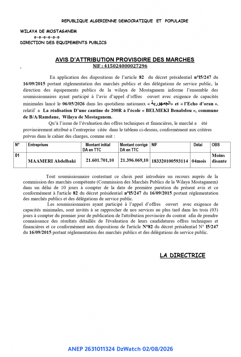AVIS D’ATTRIBUTION PROVISOIRE DES MARCHES