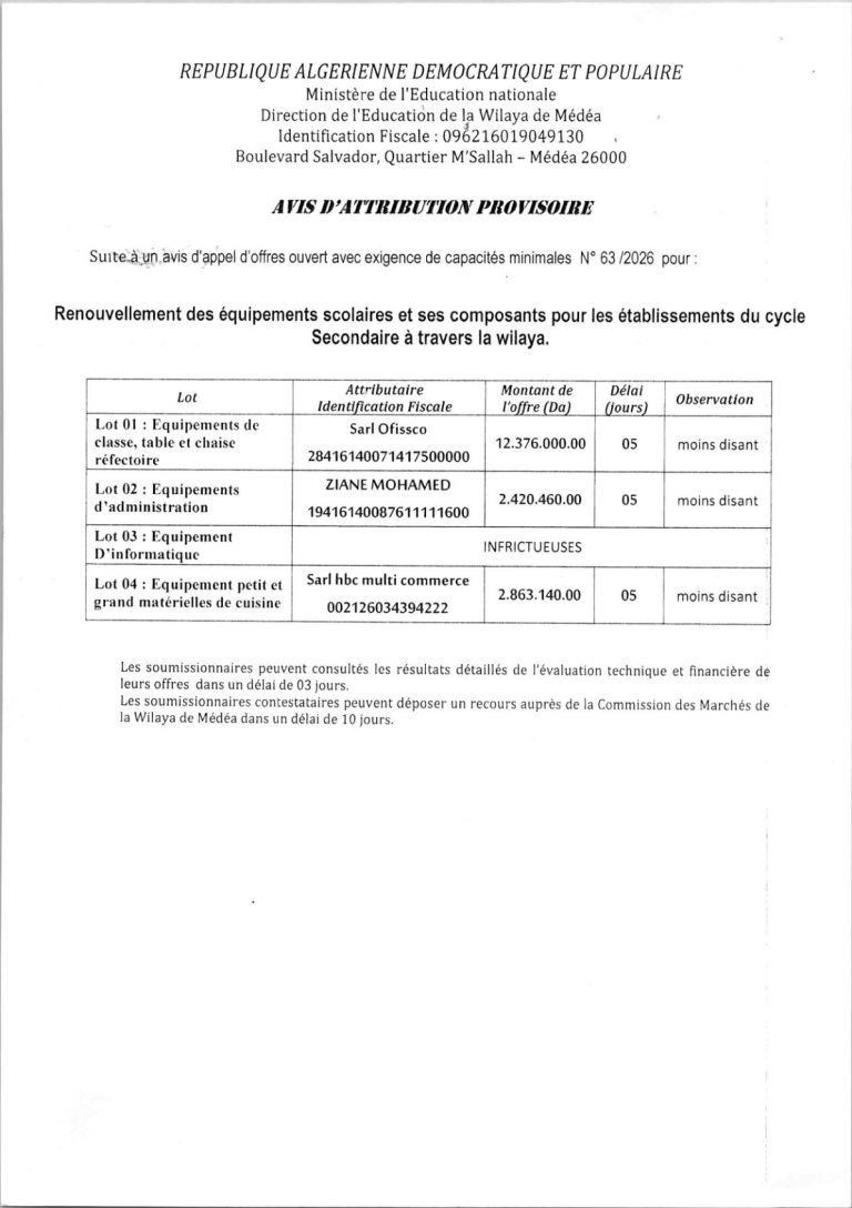AVIS D’ATTRIBUTION PROVISOIRE