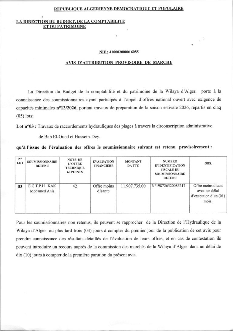 AVIS D’ATTRIBUTION PROVISOIRE DE MARCHE