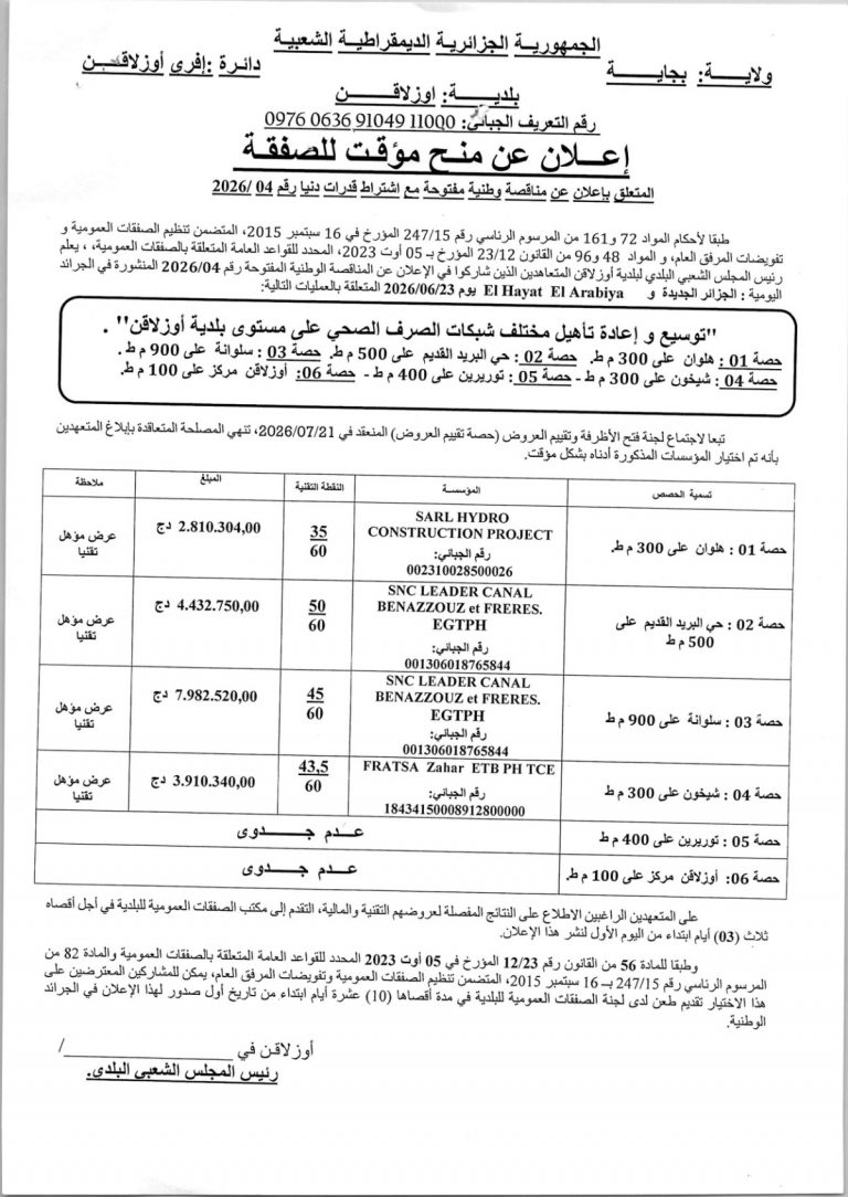 إعلان عن منح مؤقت للصفقة