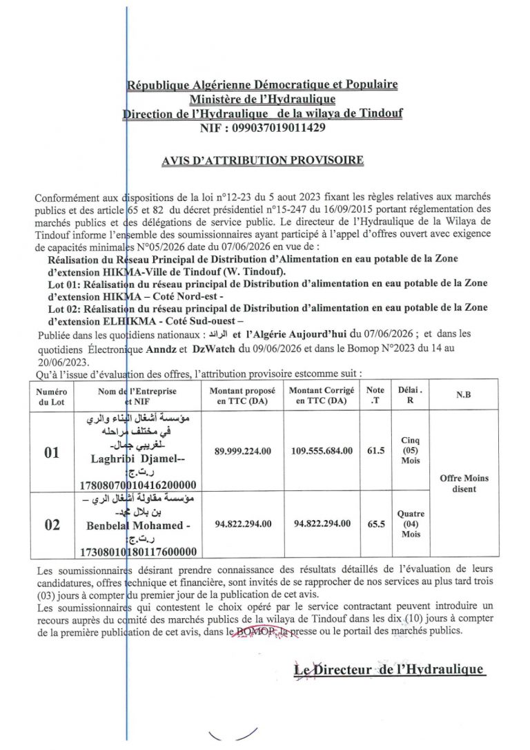 AVIS D’ATTRIBUTION PROVISOIRE