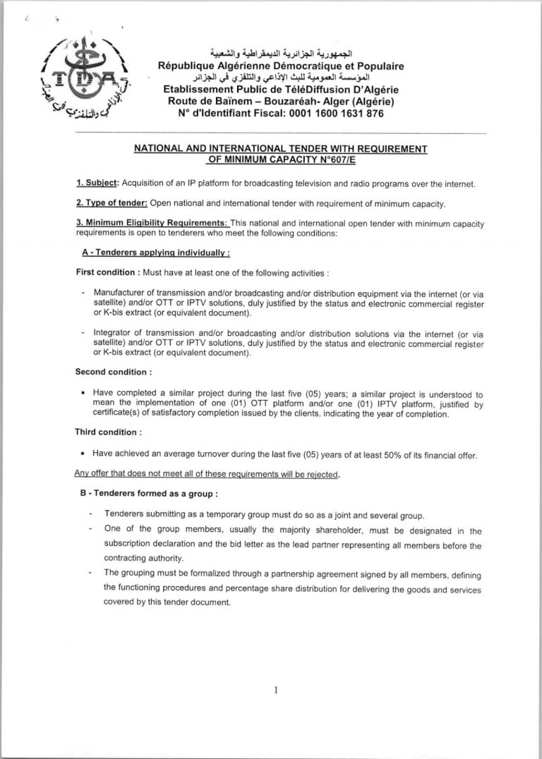 NATIONAL AND INTERNATIONAL TENDER WITH REQUIREMENT OF MINIMUM CAPACITY