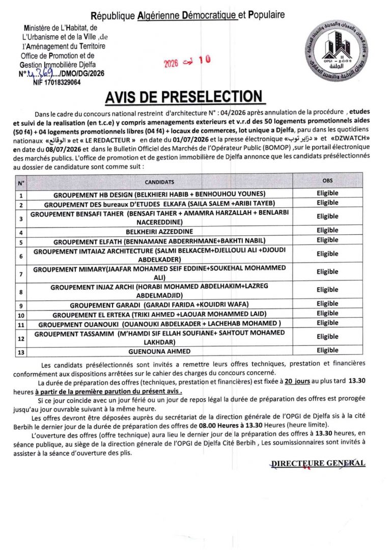 AVIS DE PRESELECTION