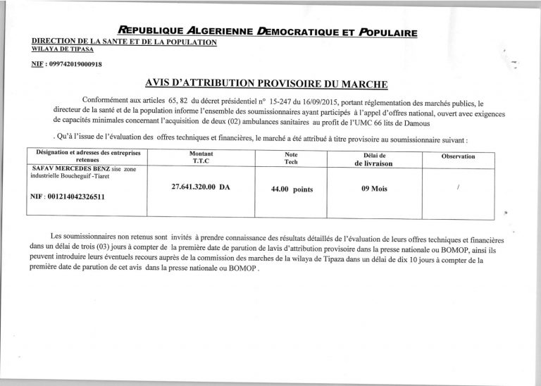 AVIS D’ATTRIBUTION PROVISOIRE DU MARCHE