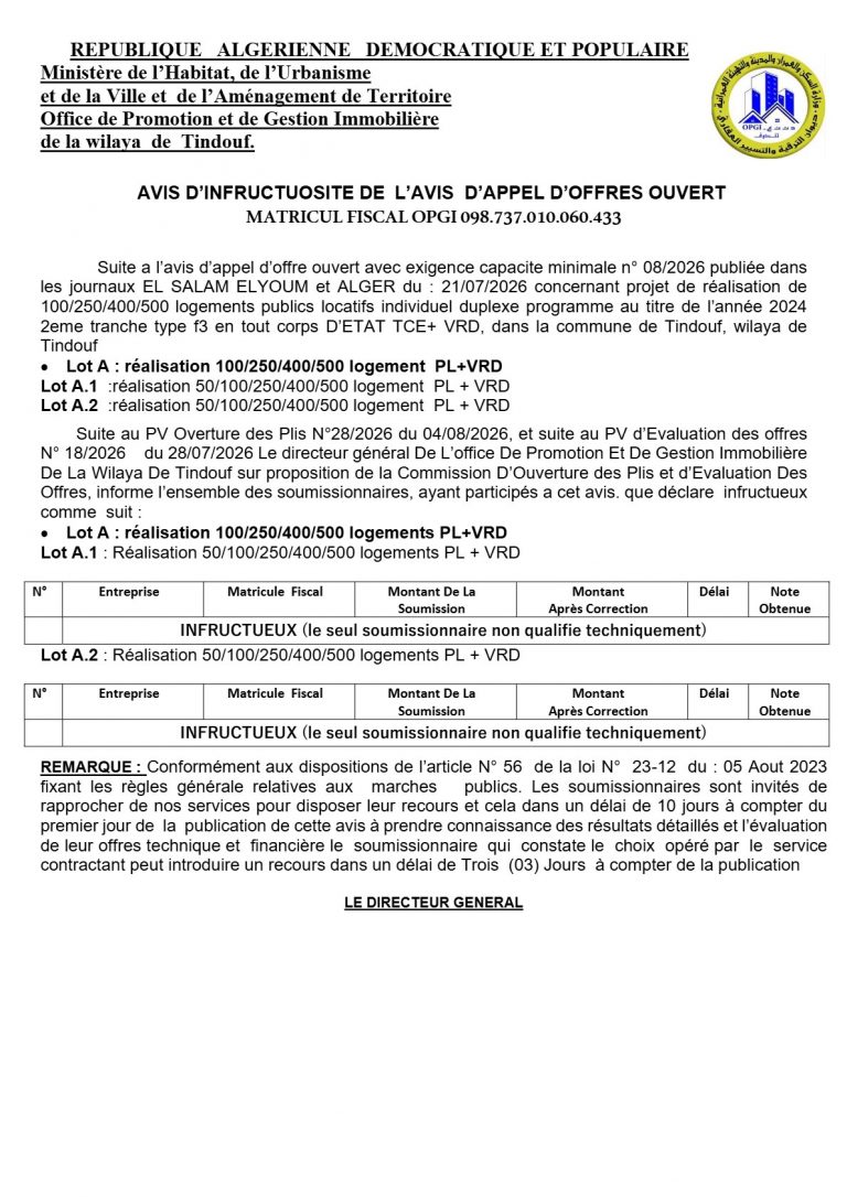 AVIS D’INFRUCTUOSITE DE L’AVIS D’APPEL D’OFFRES OUVERT