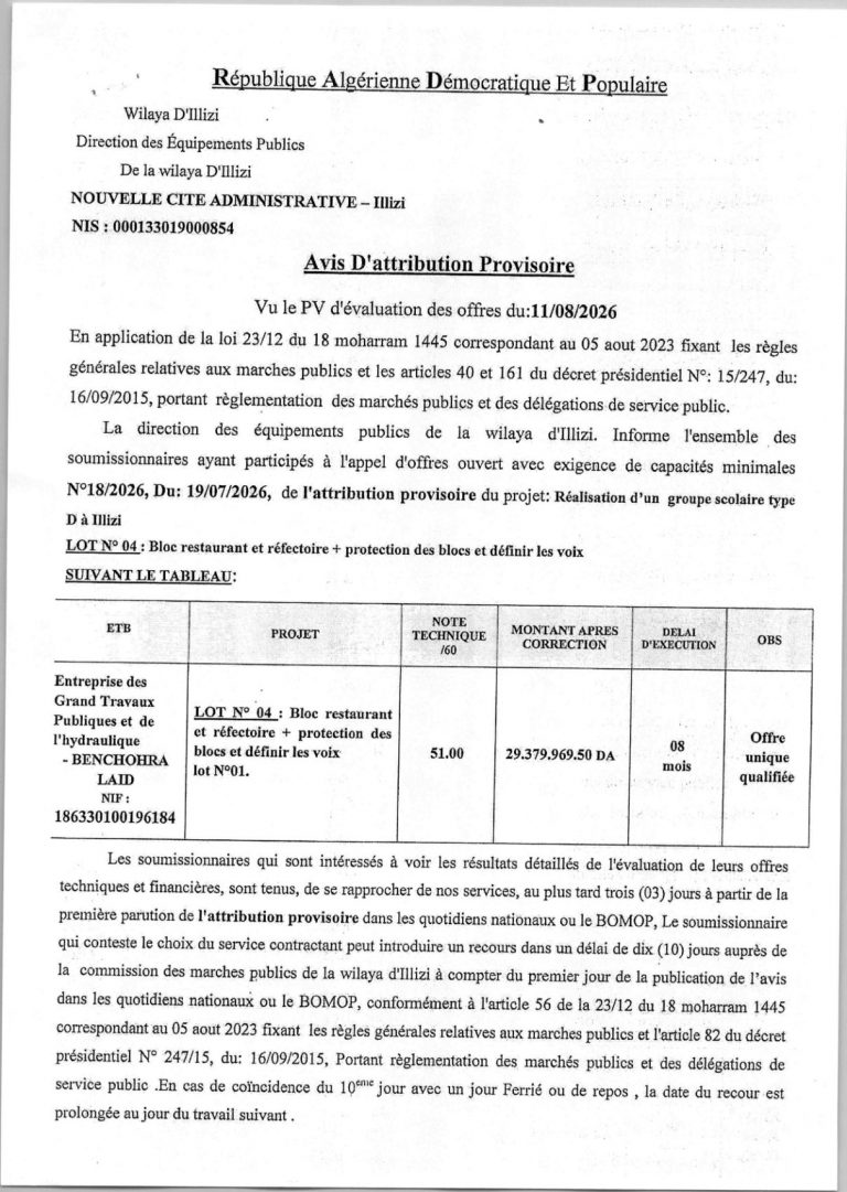 Avis D’Attribution Provisoire