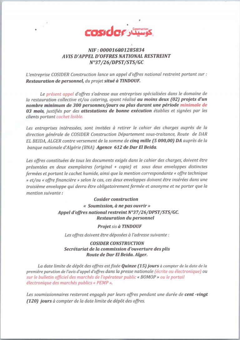 AVIS D’APPEL D’OFFRES NATIONAL RESTREINT