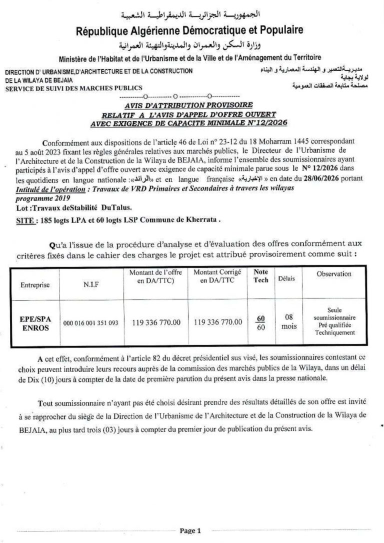 AVIS D’ATTRIBUTION PROVISOIRE