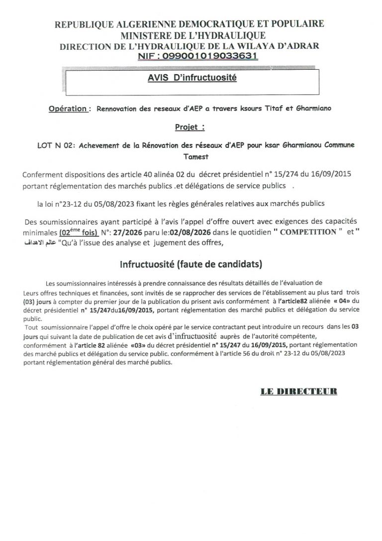 AVIS D’infructuosité