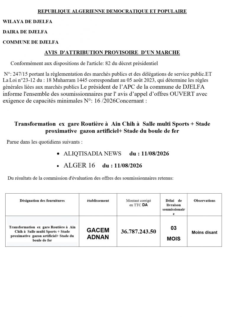 AVIS D’ATTRIBUTION PROVISOIRE D’UN MARCHE