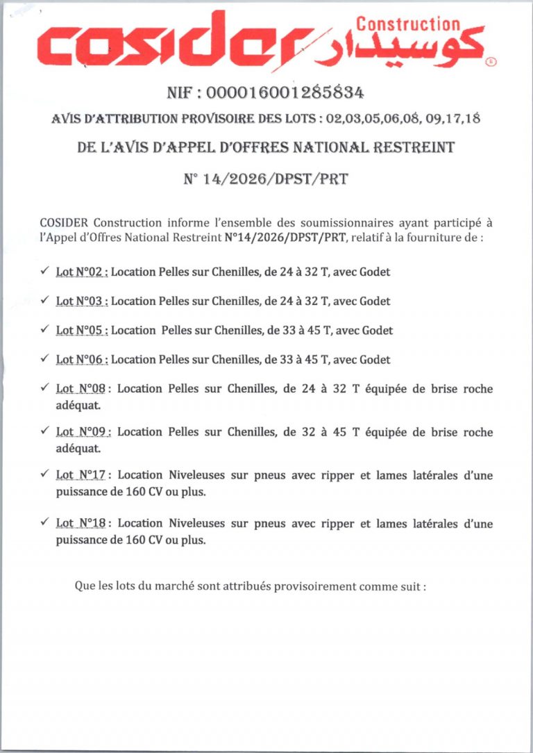 AVIS D’ATTRIBUTION PROVISOIRE