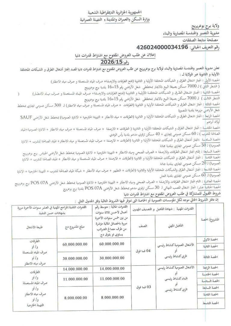 إعلان عن طلب العروض المفتوح مع اشتراط قدرات دنيا