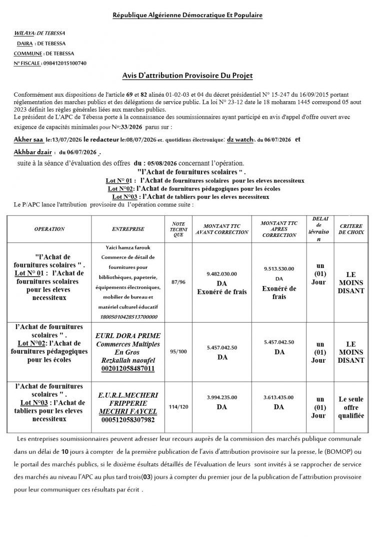 Avis D’attribution Provisoire Du Projet