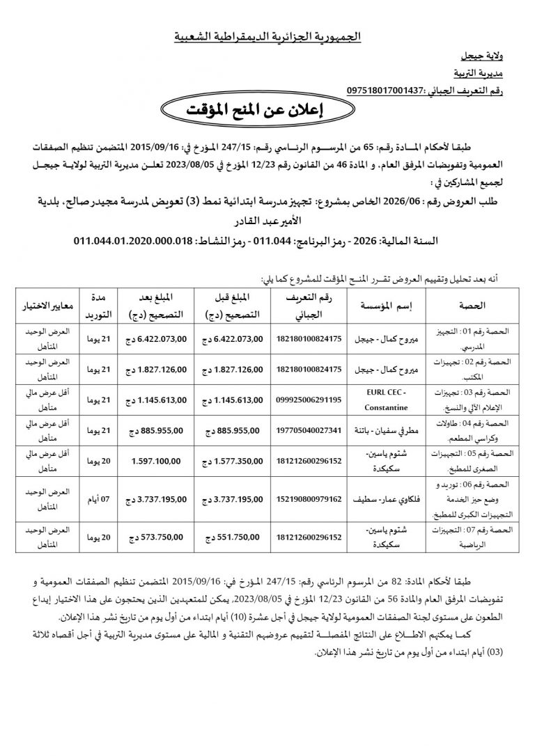 إعلان عن المنح المؤقت