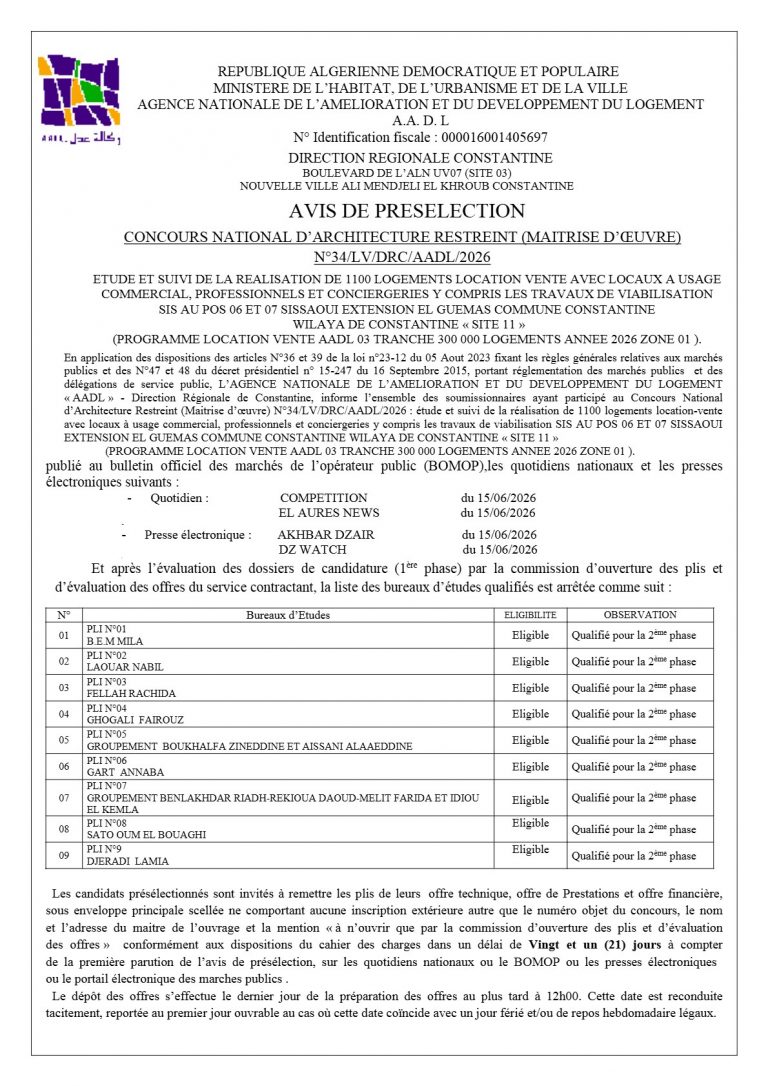 AVIS DE PRESELECTION
