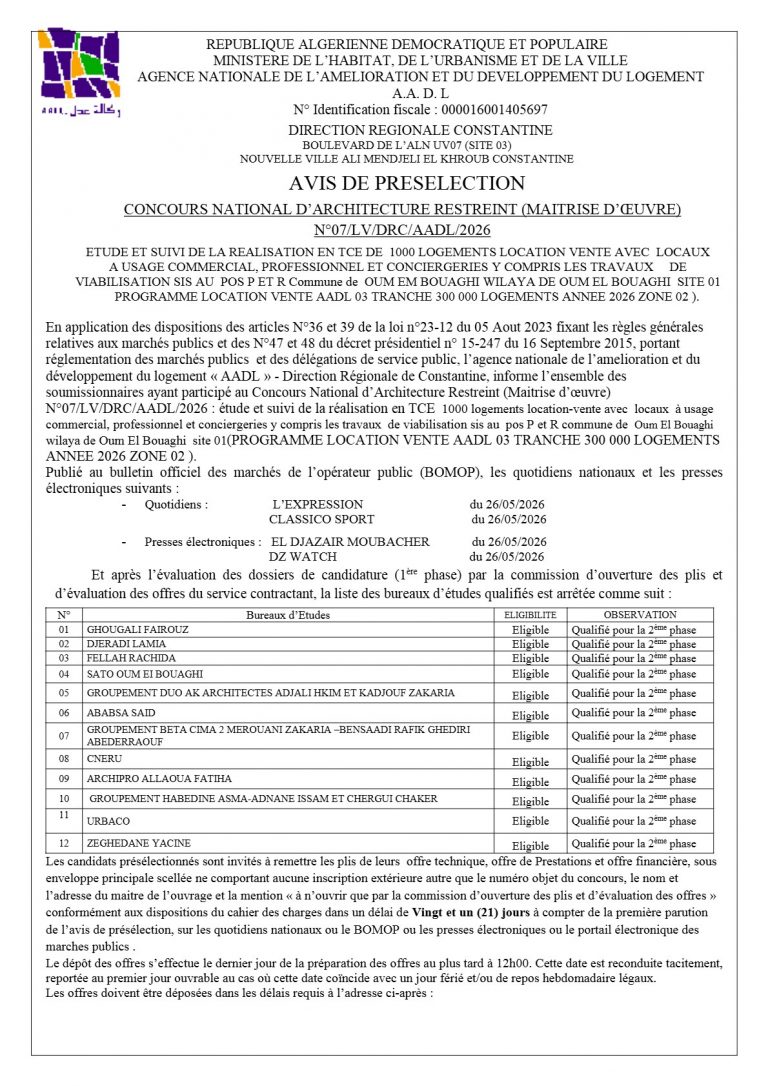 AVIS DE PRESELECTION