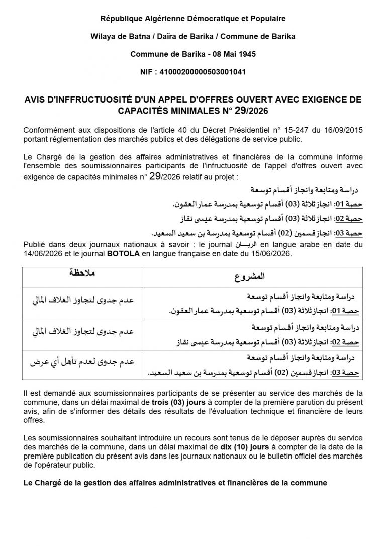 AVIS D’INFRUCTUOSITÉ D’UN APPEL D’OFFRES
