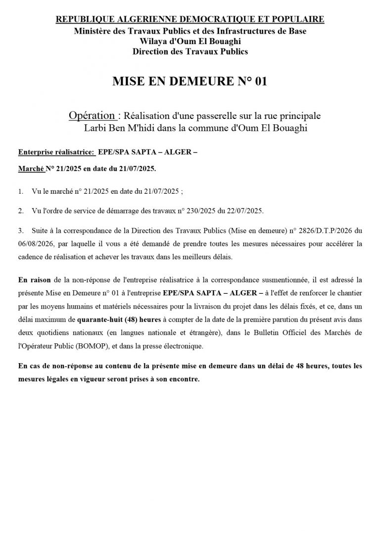 MISE EN DEMEURE N° 01