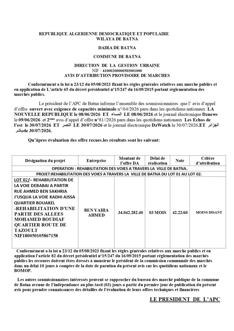 AVIS D’ATTRIBUTION PROVISOIRE DE MARCHES