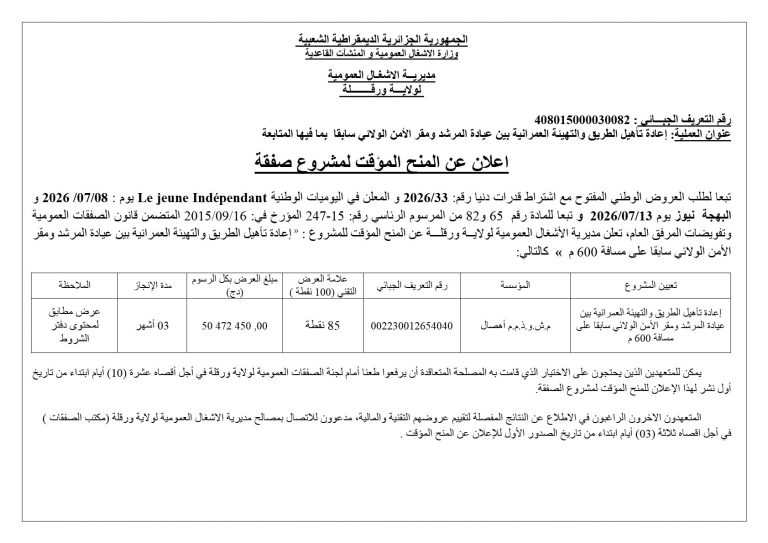 اعلان عن المنح المؤقت لمشروع صفقة