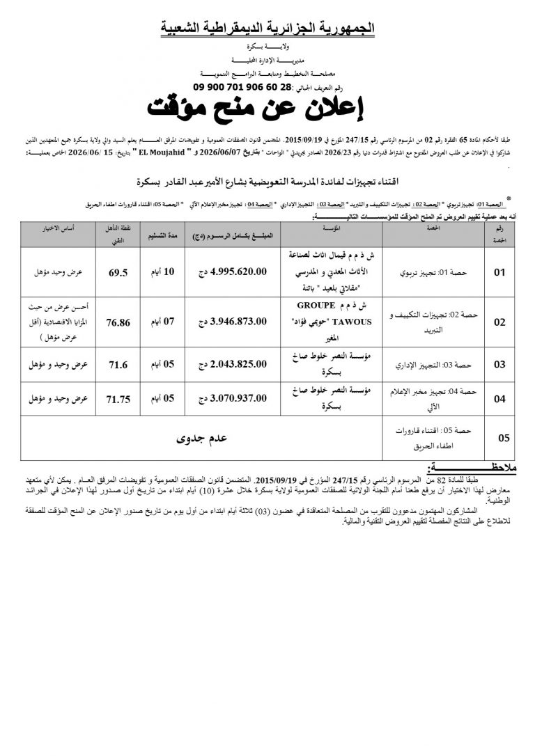 إعلان عن منح مؤقت