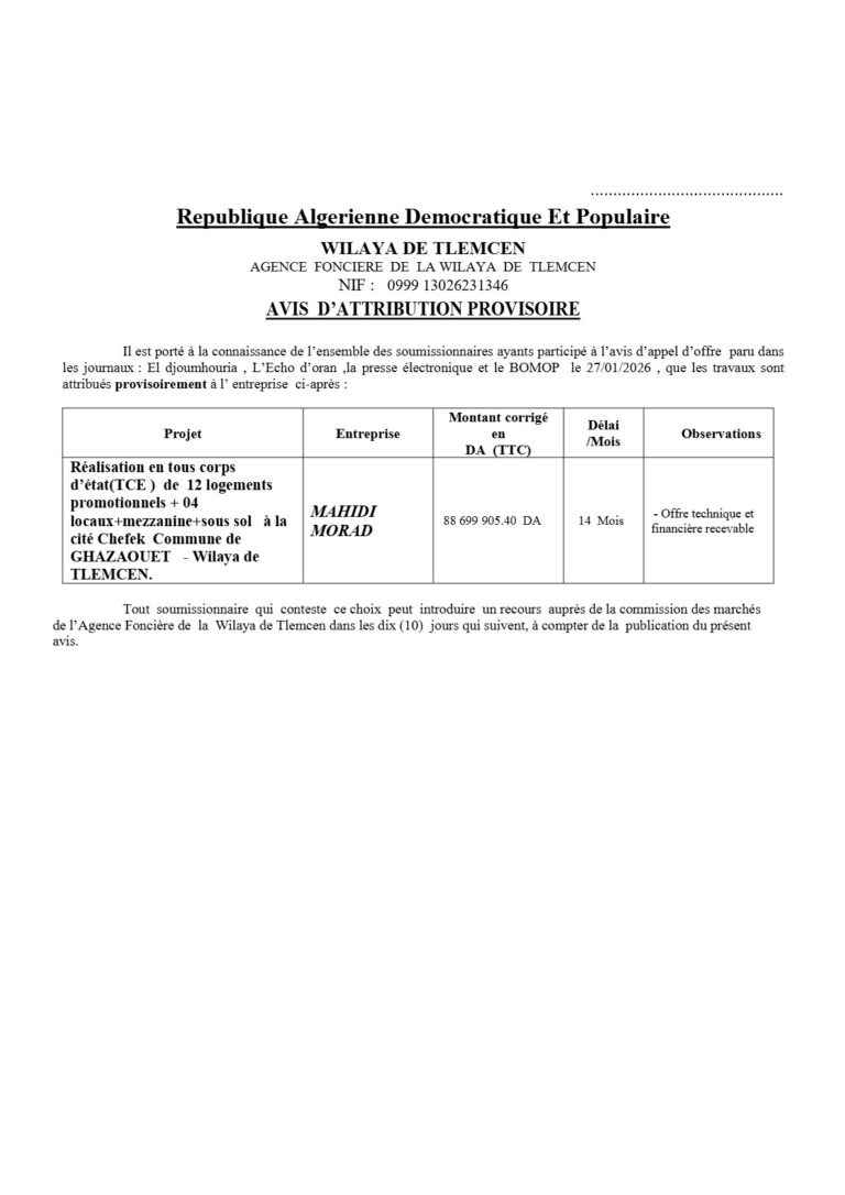 AVIS D’ATTRIBUTION PROVISOIRE