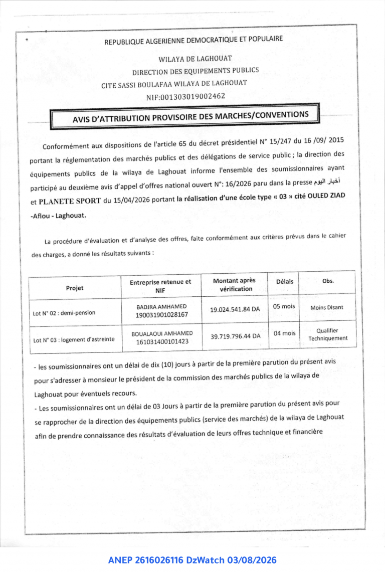 AVIS D’ATTRIBUTION PROVISOIRE DES MARCHES/CONVENTIONS