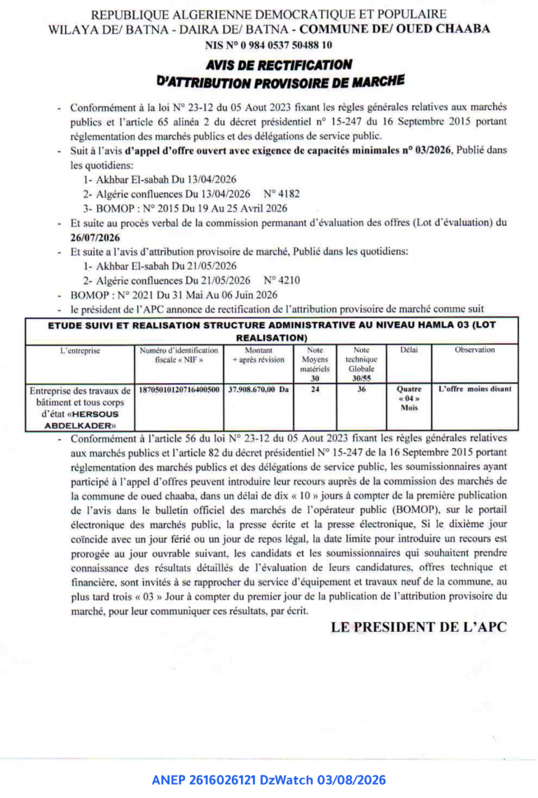 AVIS DE RECTIFICATION D’ATTRIBUTION PROVISOIRE DE MARCHE