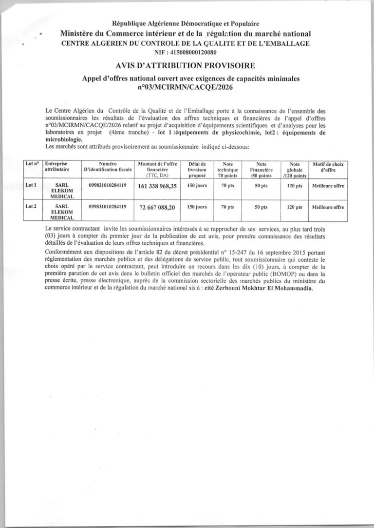 AVIS D’ATTRIBUTION PROVISOIRE