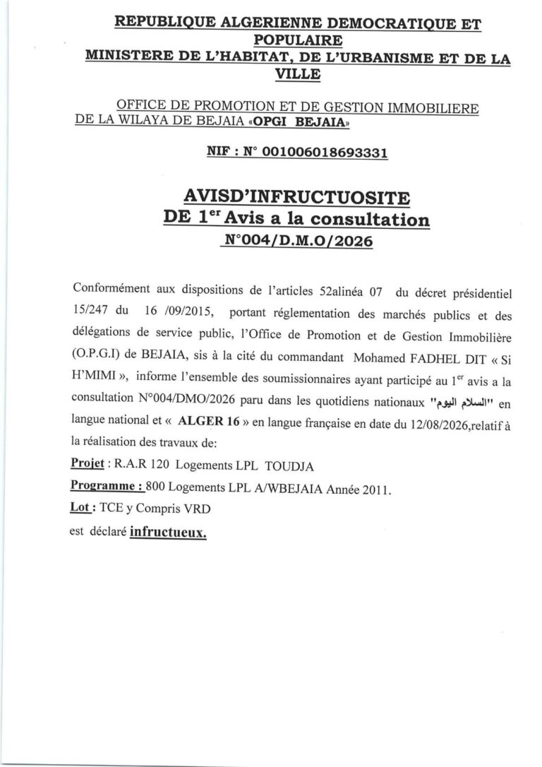 AVIS D’INFRUCTUOSITE DE 1er Avis a la consultation