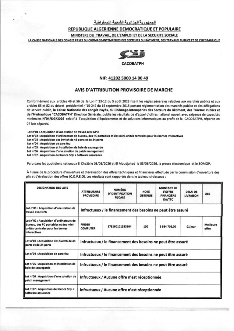 AVIS D’ATTRIBUTION PROVISOIRE DE MARCHE