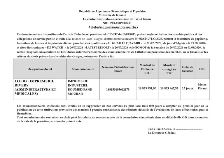 Attribution provisoire des marchés