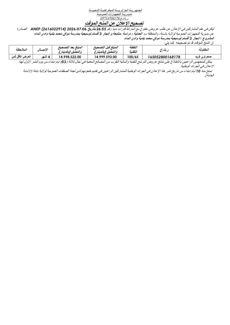 تصحيح الإعلان عن المنح المؤقت