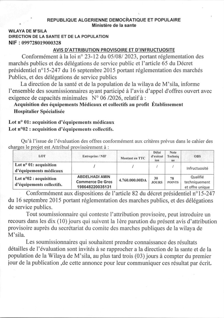AVIS D’ATTRIBUTION PROVISOIRE ET D’INFRUCTUOSITE