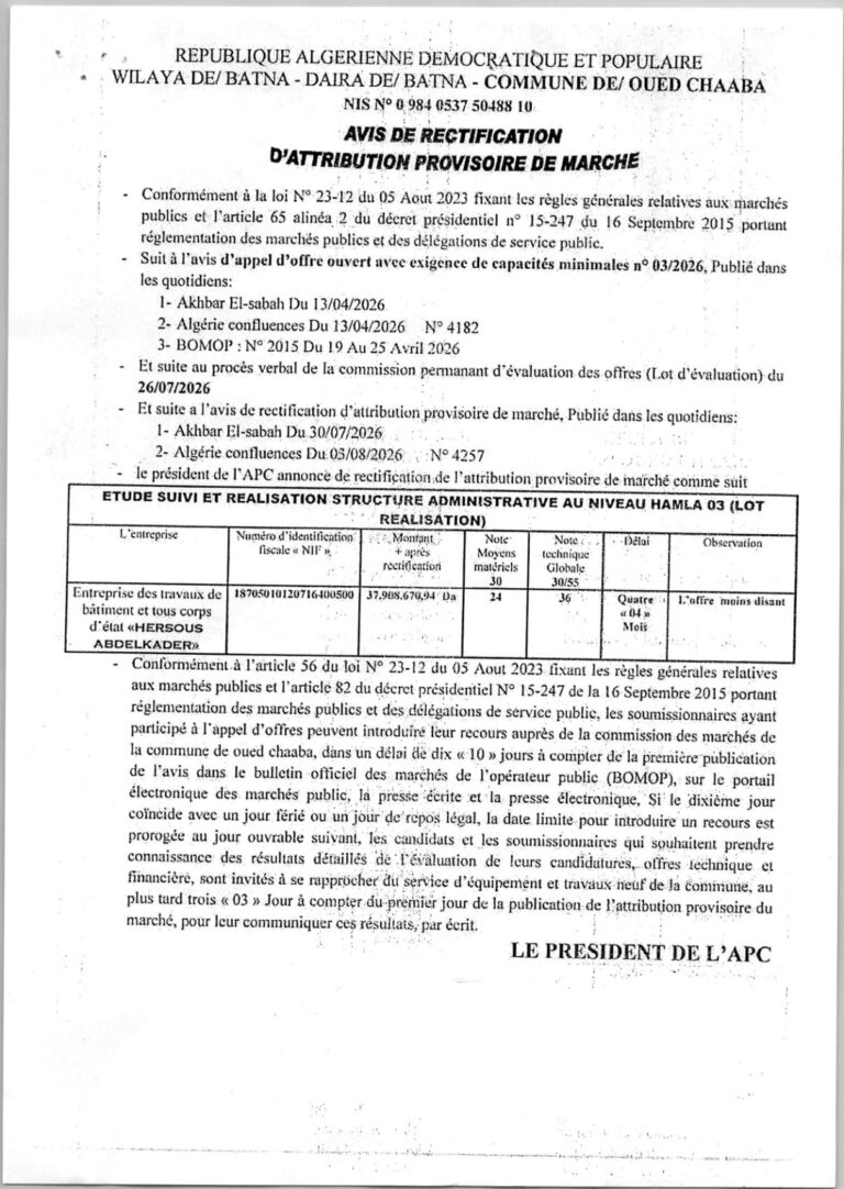 AVIS DE RECTIFICATION D’ATTRIBUTION PROVISOIRE DE MARCHE
