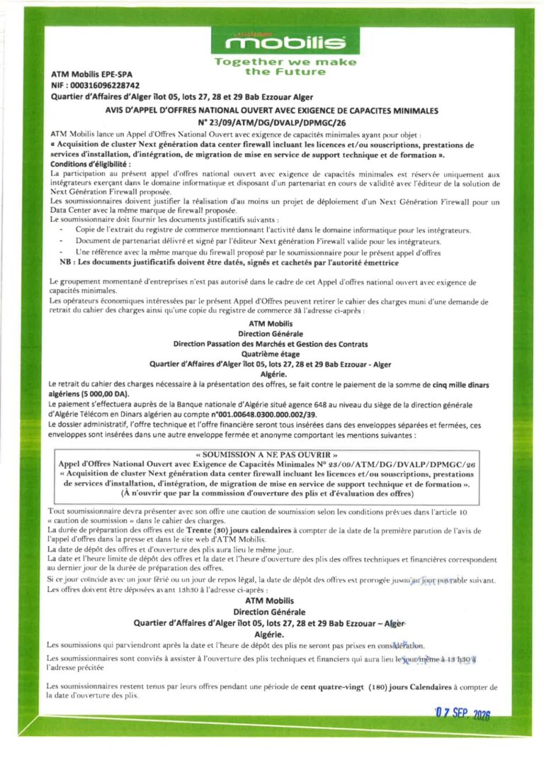 AVIS D’APPEL D’OFFRES NATIONAL OUVERT AVEC EXIGENCE DE CAPACITES MINIMALES