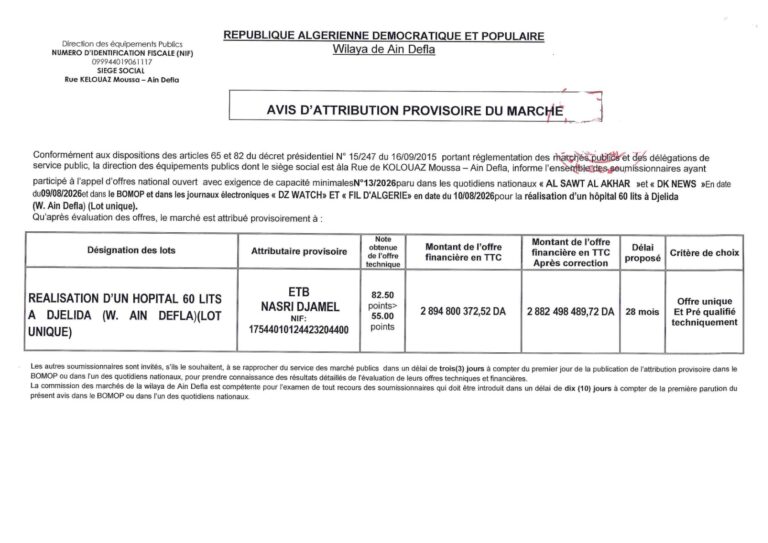 AVIS D’ATTRIBUTION PROVISOIRE DU MARCHE