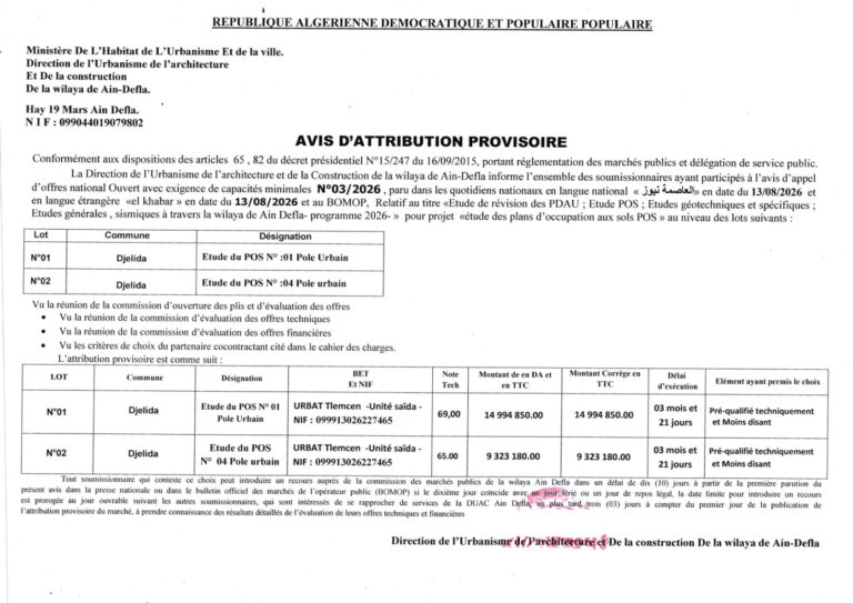 AVIS D’ATTRIBUTION PROVISOIRE